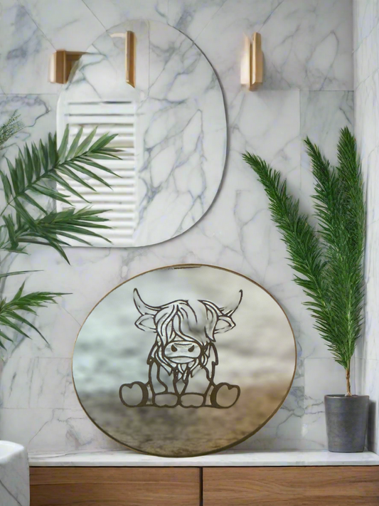 Highland cow engraved round mirror